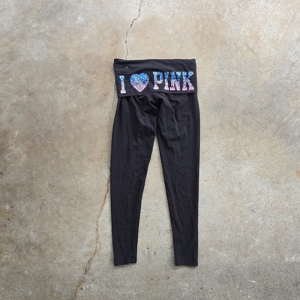 Y2k Victoria's Secret VS PINK VTG Foldover Yoga Leggings I Heart Pink Bling